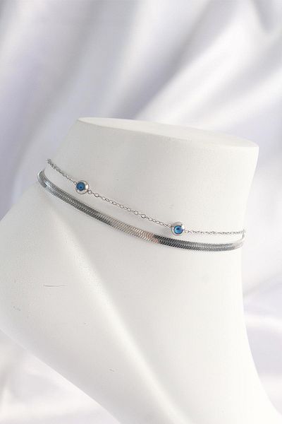 Celira Steel Silver Color Evil Eye Bead Designed 2-Piece Anklet