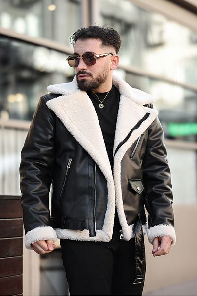 MİS MODA Men's Complete Fur Winter Leather Coat