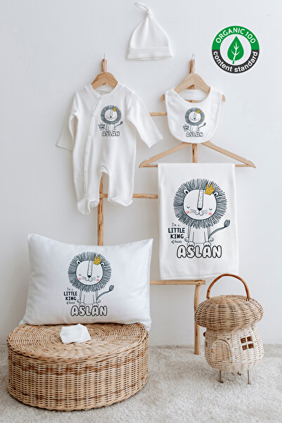 Lilabio %100 Organik Isme Özel Isimli 6lı Hastane Çıkışı Tulum Set Aslan