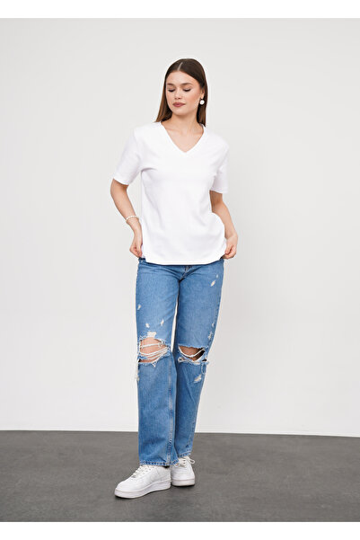 Ay Moda Collection %100 Pamuk İnterlok Kumaş Regular Fit V Yaka Kadım T-shirt