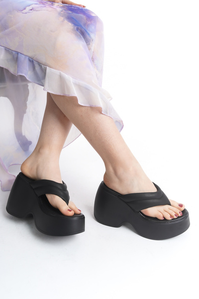 Limeo High Wedge Heel Flip Flop Single Puff Strip Open Front Summer Women's Slippers Sandals