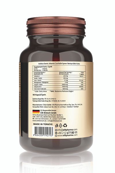 Validus 90 Capsules - Iron 17 Mg, Vitamin C 450 Mg, Inulin 250 Mg, Vitamin B12 1000 Mcg