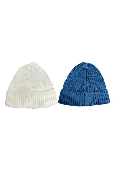 Mevo 2 Pack Unisex Knitwear Short White and Blue Colored Skullcap Beanies