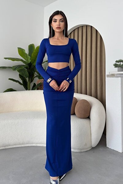 WOMAN VISION Saks Blue Crop blúz és magas derekú maxi szoknya - Sandy Fabric, U-nyak 312