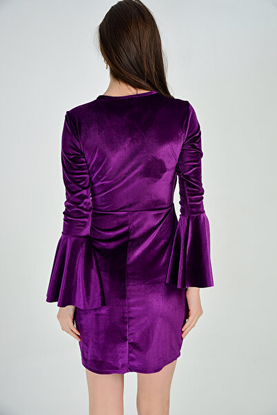 Sense Abiye Elbise - Kruvaze Kollar Volanlı Kadife Abiye Elbise | Elb31867 Mor