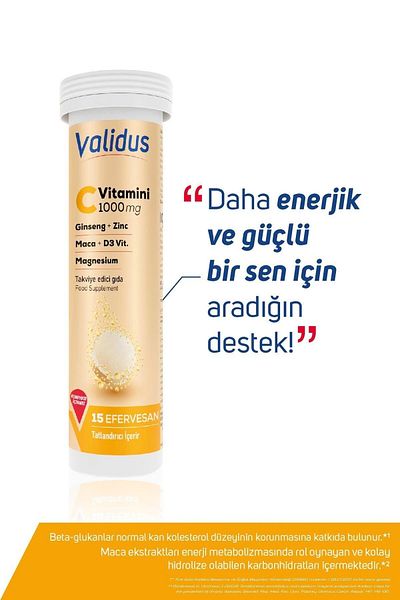 Validus فيتامين سي للطاقة 1000 ملغ + الجينسنغ + الزنك + الماكا + فيتامين د3 + المغنيسيوم - 15 قرصًا مرقئًا