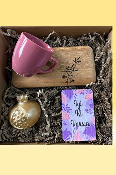 Ahşap Sunumlu Kahve Fincanı, Nar Biblo, Magnet Hediye Kutusu,