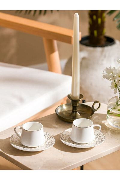 LC Waikiki 2-Person Porcelain Coffee Cup Set with Printed Stylish and Modern Design