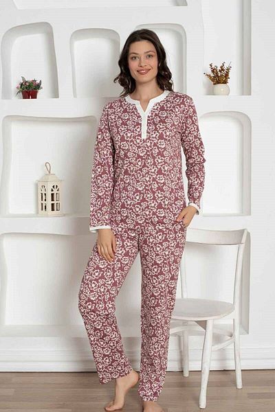 bie's Women's Flower Pattern V Open Collar Buttonless 100% Cotton Combed Thin Summer Long Sleeve Pajamas Set
