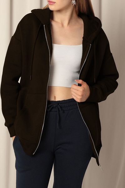 ruNadeS Women's Brown Thick Three Thread Fabric Zippered Hooded Jacket