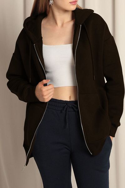 ruNadeS Women's Brown Thick Three Thread Fabric Zippered Hooded Jacket