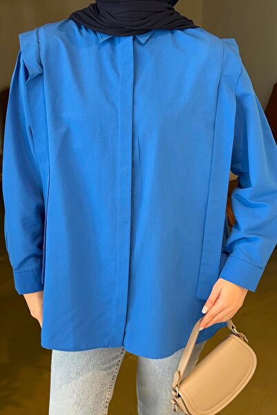 lamelif Cămașă Hijab Detaliată Umăr Vată Saks Blue