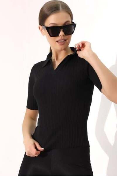 Irmak Kerekli Polo Collar Knitwear Blouse 6335 Black