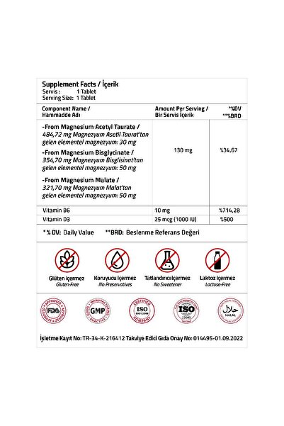 Validus Magnezyum Complex Bisglycinate Taurat Malat Vitamin B6 Vitamin D3 1000 Ünite 30 Tablets
