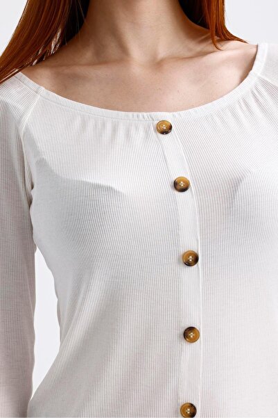 Miss Murem Boat Neck Button Front Blouse-White