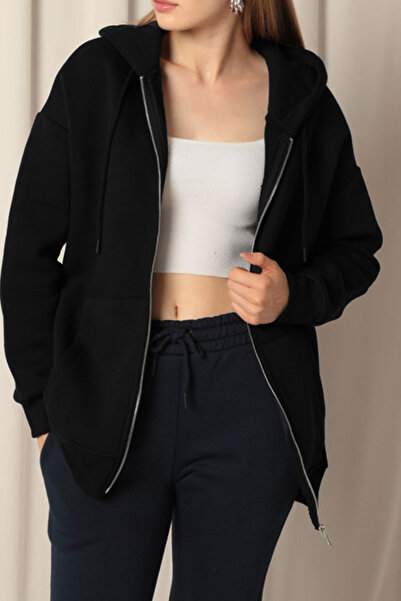 Runades سترة نسائية سوداء سميكة بثلاثة خيوط من القماش بسحاب