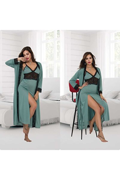 Cooqpoo 2. 50% Off Turquoise 2Xl-3Xl-4Xl Large Size Black Lace Slit Dressing Gown Nightgown Set