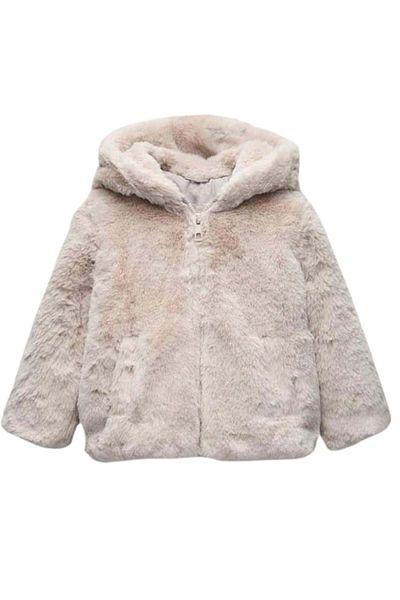 wakawakakidsstore Fur Plush Hooded Zipper Closure Girl's Coat