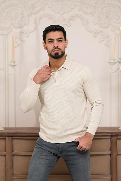 Woolen World Ανδρικό πλεκτό πουλόβερ με μοτίβο Polo Neck Slimfit