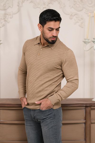 Woolen World Мъжки вълнен трикотажен пуловер с поло яка, с прилепнала кройка и шарки