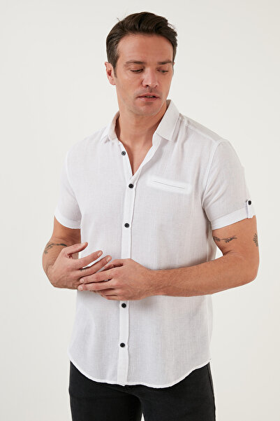 Buratti % 100 Pamuk Keten Görünümlü Slim Fit Kısa Kollu Gömlek Erkek Gömlek Cf21s111766