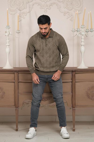 Woolen World Мъжки вълнен плетен пуловер с поло яка и шарки