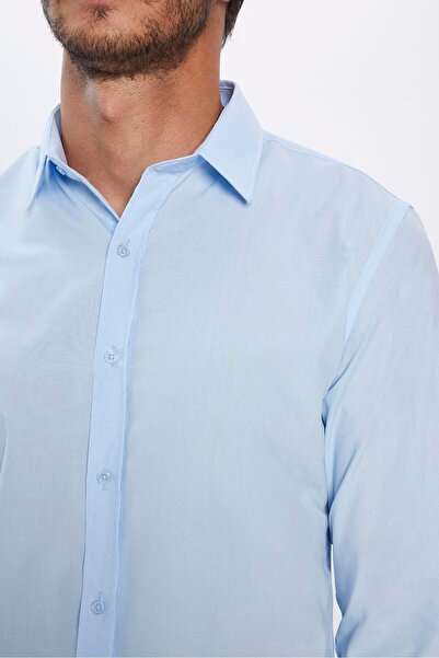 Tudors Erkek Slim Fit Dar Kesim Pamuklu Terry Cotton Kumaş Kolay Ütü Mavi Gömlek