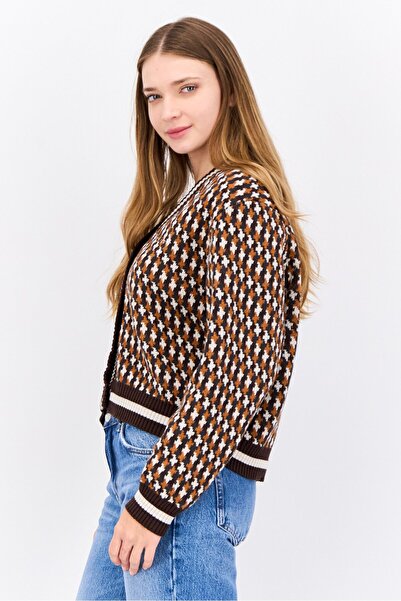 Lyle & Scott Women V-Neck Houndstooth Cardigan, Brown