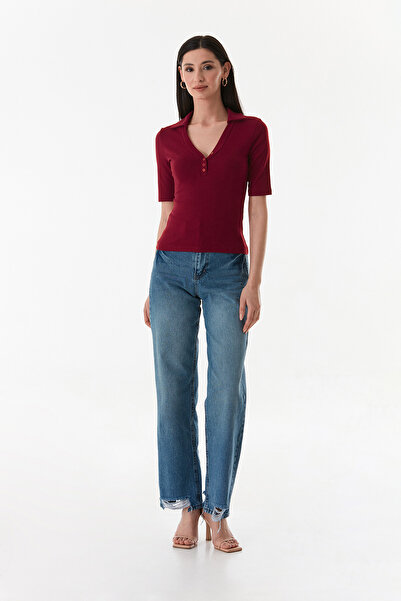 Fulla Moda Buttoned Front Polo Neck Lycra Blouse