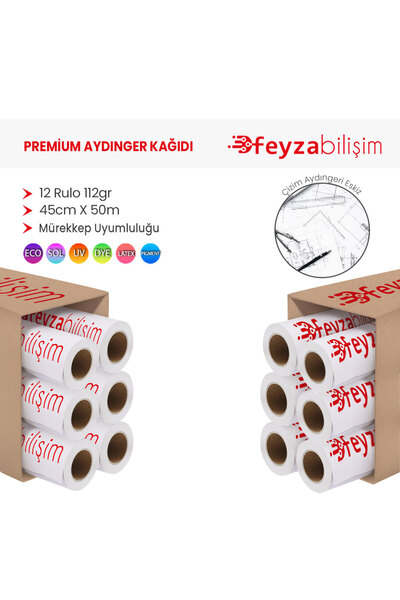 feyzabilişim ® Plotter Aydınger (Çizim) Kağıdı  112gr  Rulo 45cm x 50mt (12 Rulo)