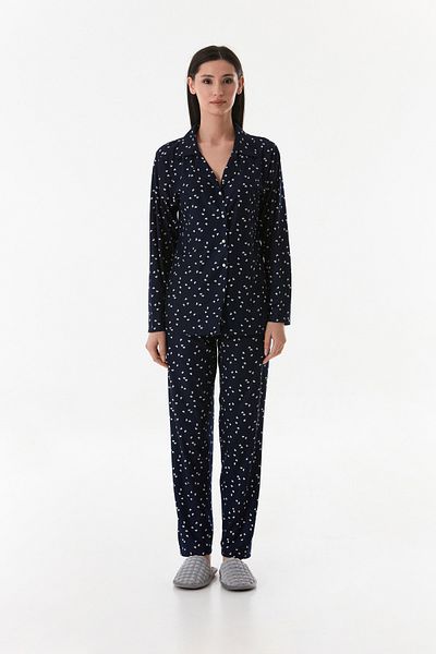 Fulla Moda Suede Heart Patterned Shirt Collar Pajama Set