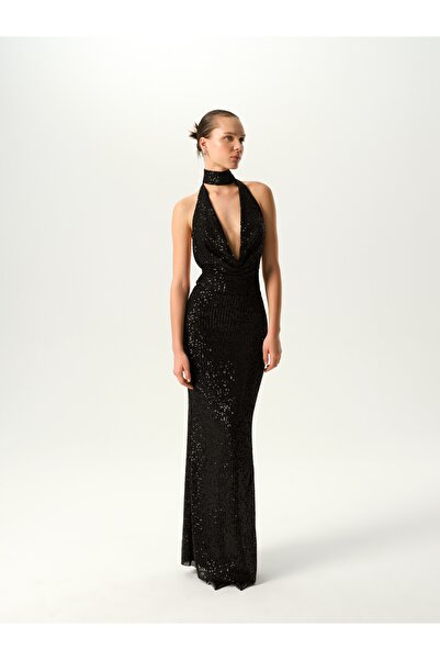 LA LOUNE AMANDA DERİN V DEKOLTELİ PAYETLİ ELBİSE