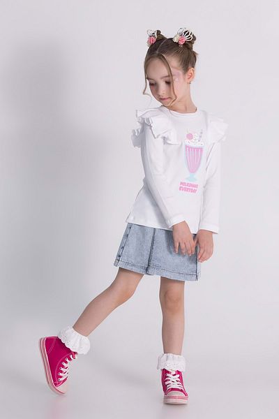 wakawakakidsstore Girls' Suit with Ruffle Sleeves Blouse Front Printed Denim Shorts Skirt