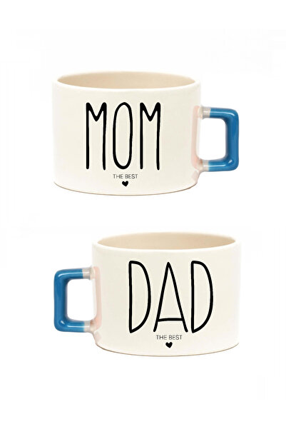 Öz Kupa Mom Dad The Best Baskılı Çift 2'li Mavi Motto Fincan