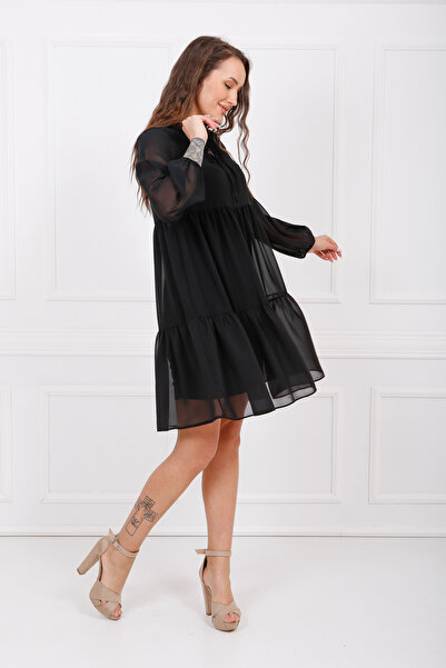 Sense Boyundan Bağlamalı Uzun Kol Şifon Içi Astarlı Elbise Elb32766 Siyah