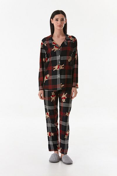 Fulla Moda Teddy Bear Patterned Shirt Collar Suede Pajama Set