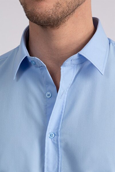 Tudors Erkek Slim Fit Dar Kesim Pamuklu Terry Cotton Kumaş Kolay Ütü Mavi Gömlek