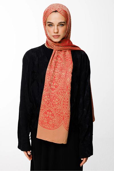 Mooncorn Morocco Pattern Double Sided Shawl Mink-Red
