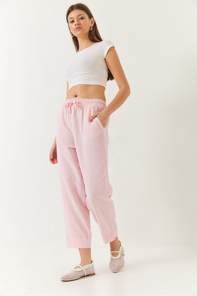 Bianco Lucci Women's Linen Elastic Waist Tie-Up Trousers with Detailed Pockets and Carrot Cut 60261419