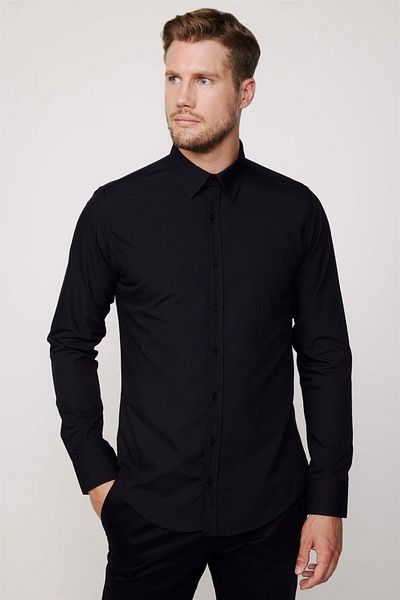 Tudors Pánská Slim Fit Slim Fit Bavlněná froté bavlněná tkanina Snadno žehlitelná černá košile