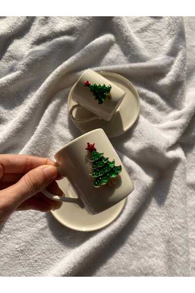 miras home Çam Ağacı Aksesuarlı 2 Kişilik Porselen Kahve Seti