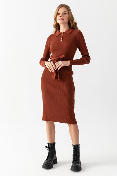 Irmak Kerekli Γυναικείο ριγέ φόρεμα Tan Polo Neck - 7080