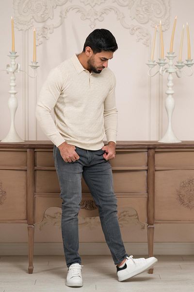 Woolen World Ανδρικό πλεκτό πουλόβερ με μοτίβο Polo Neck Slimfit