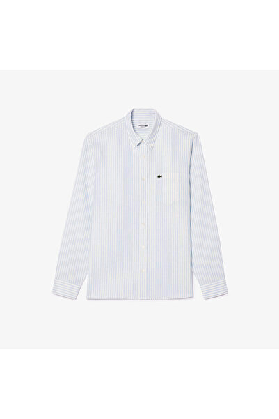Lacoste Erkek Regular Fit Düğmeli Yaka Çizgili Keten Açık Mavi Gömlek