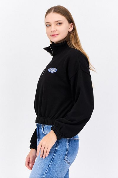 X-Girl Women High Neck Embroidered Logo Half Zip Sweatshirt, Black