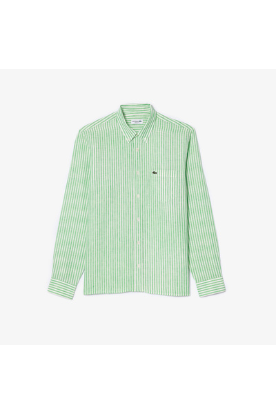 Lacoste Erkek Regular Fit Düğmeli Yaka Çizgili Keten Yeşil Gömlek