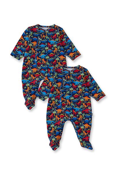 Boumini Navy Blue Dinosaur Patterned 2-Piece Baby Romper - Cotton Booties