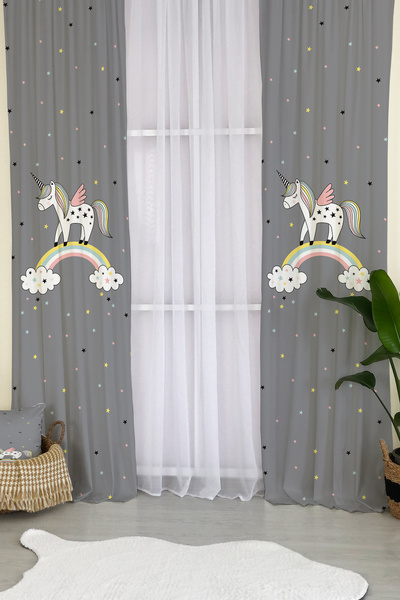 Evmila Cortina de fundal gri cu figurină unicorn - 77 modele