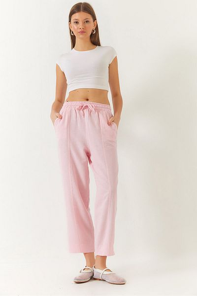 Bianco Lucci Women's Linen Elastic Waist Tie-Up Trousers with Detailed Pockets and Carrot Cut 60261419