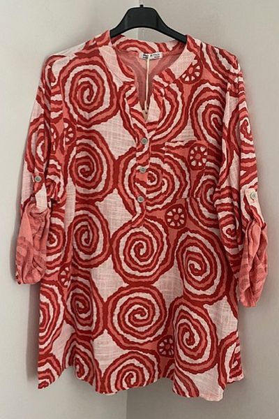 AYASOFYA OTANTIK Italian Coral Print - Button Detailed Folding Cotton Blouse Shirt